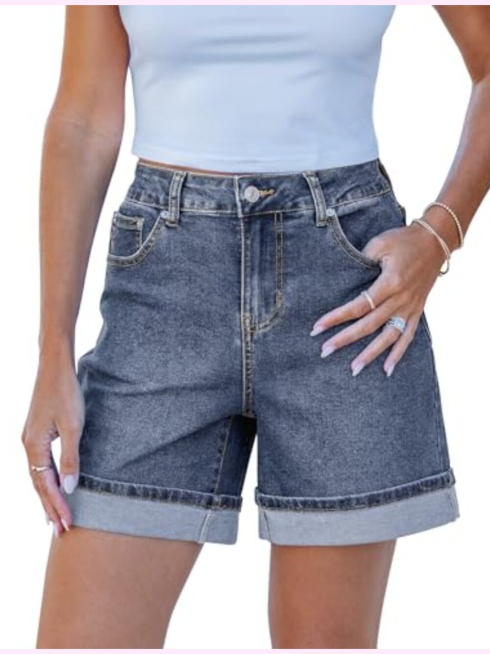 High Waisted Fold Hem Denim Shorts 6" Inseam 5 Pockets Stretchy Cotton Blend